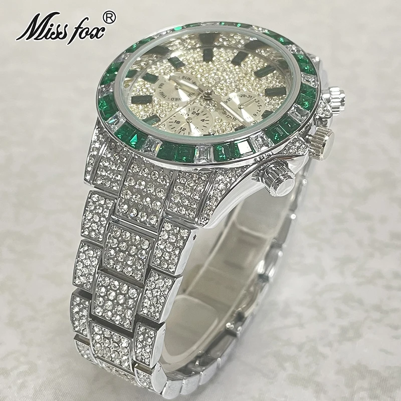 Imagem -03 - Missfox-relógio Esportivo em Aço Completo Masculino Arco-íris Diamante Relógio Inteligente Impermeável Relógios Masculinos Prata e Verde Marca de Luxo Moda