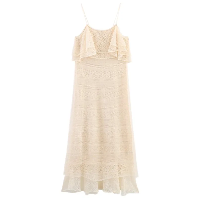 Vestido de Malha F Novo Lançamento de Verão com Camadas Decorativas e Bordado em Tule 2025 E Sem Mangas com Decote