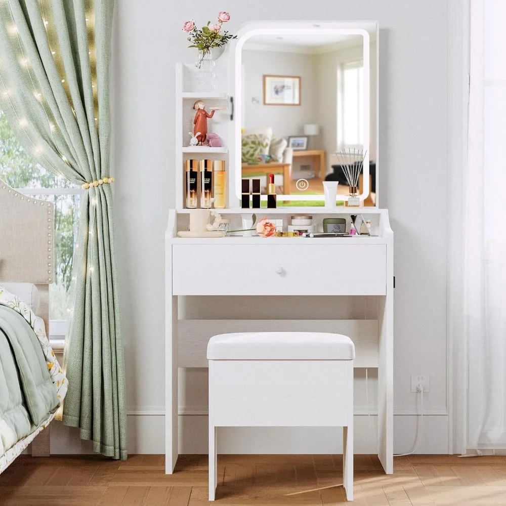 

Small Makeup Vanity Desk with Mirror and Lights, Vanity Table Set with Storage Drawer & Chair & 3 Shelves, Bedroom