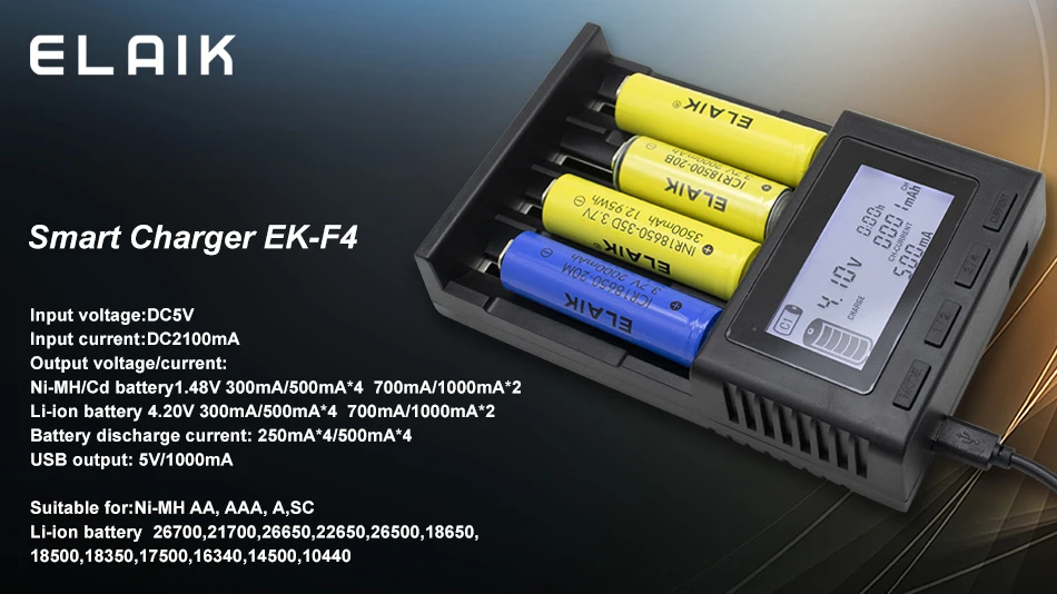 ELAIK-LCD Carregador Inteligente, 4 Slots com Bateria, Capacidade de Teste, EK-F4, 26650, 18650, 14500, 21700, 18500, 18350, AA, AAA