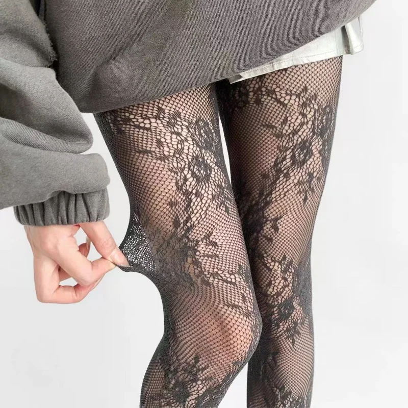 Retro Hohle Blumen-Netzstrümpfe im französischen Stil, sexy Jacquard-Netzstrümpfe, weiße, verführerische Spitzensocken, sexy Strumpfhose für Damen