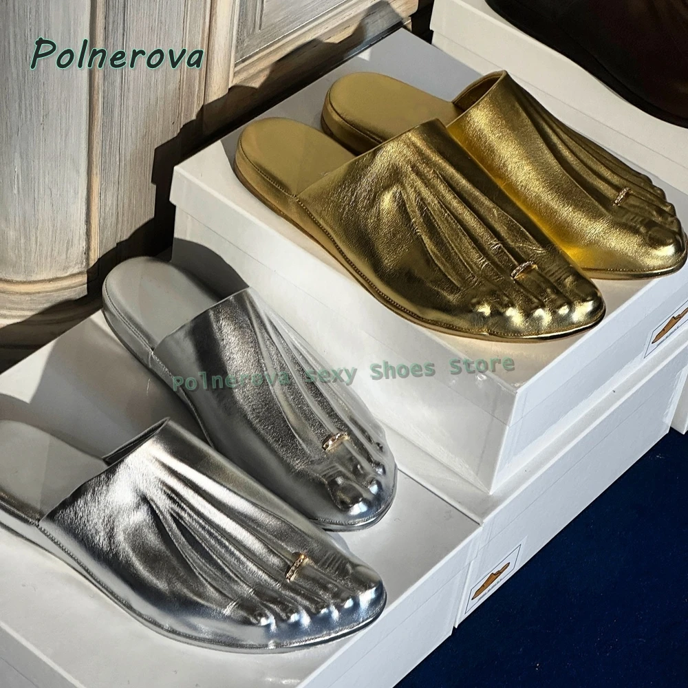 Silvery Five Finger Flat Slippers Solid Shallow Slip On Casual Fashion Women Pumps 2026 Spring Summer Runway Show Shoes Trend