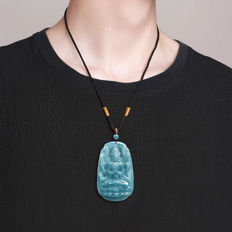 Authentic Natural A-Grade Jade Blue Water Thousand Hand Guanyin Pendant Ice Type Unisex Jewelry For Men And Women Drop Shipping