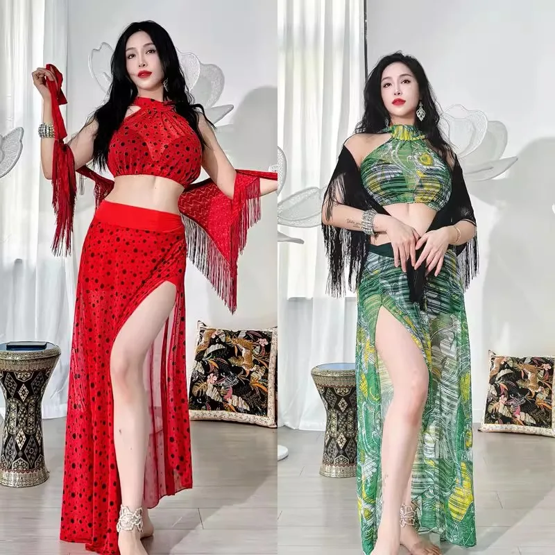 Customized Belly Dance Costumes Set with New Mesh Strapless and Slit Skirt Waist Less Red Polka Dots Not Including Hip Towel