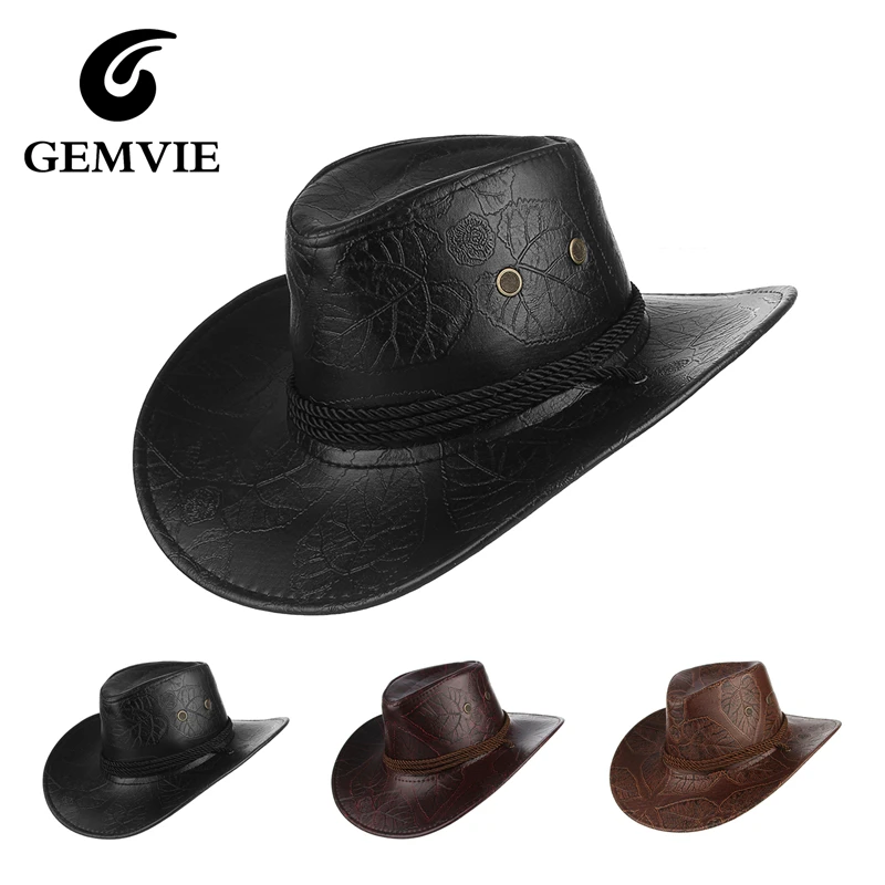 Western PU Leather Cowboy Hat for Women Men Autumn Winter Outdoor Riding Cowgirl Hat with Windproof String
