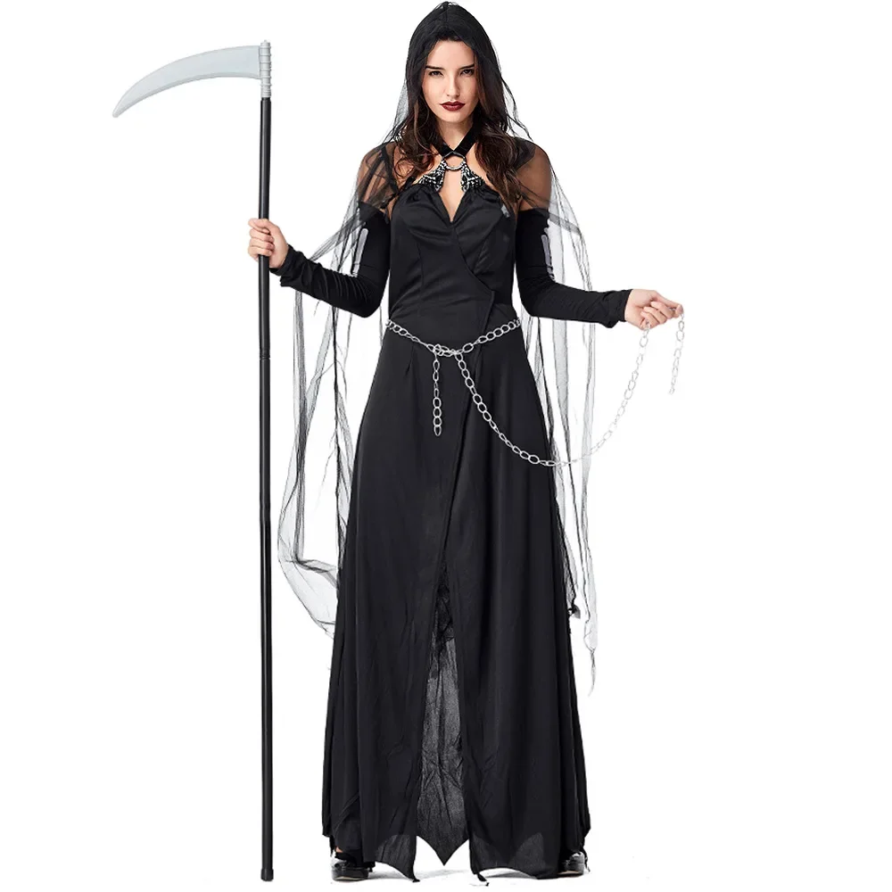 

Black Suspender Long Dress Witches Devils Costumes With Hooded Cape For Woman Girl Halloween Party Cosplay