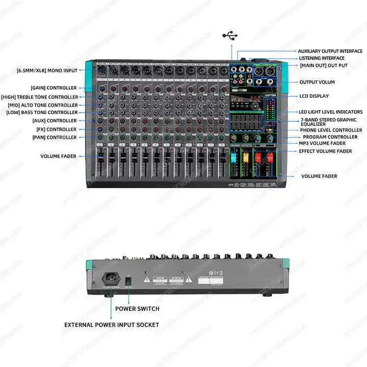 All-in-One 8/16 Channel High Power Mixer Amplifier with USB Bluetooth for Live Sound DJ