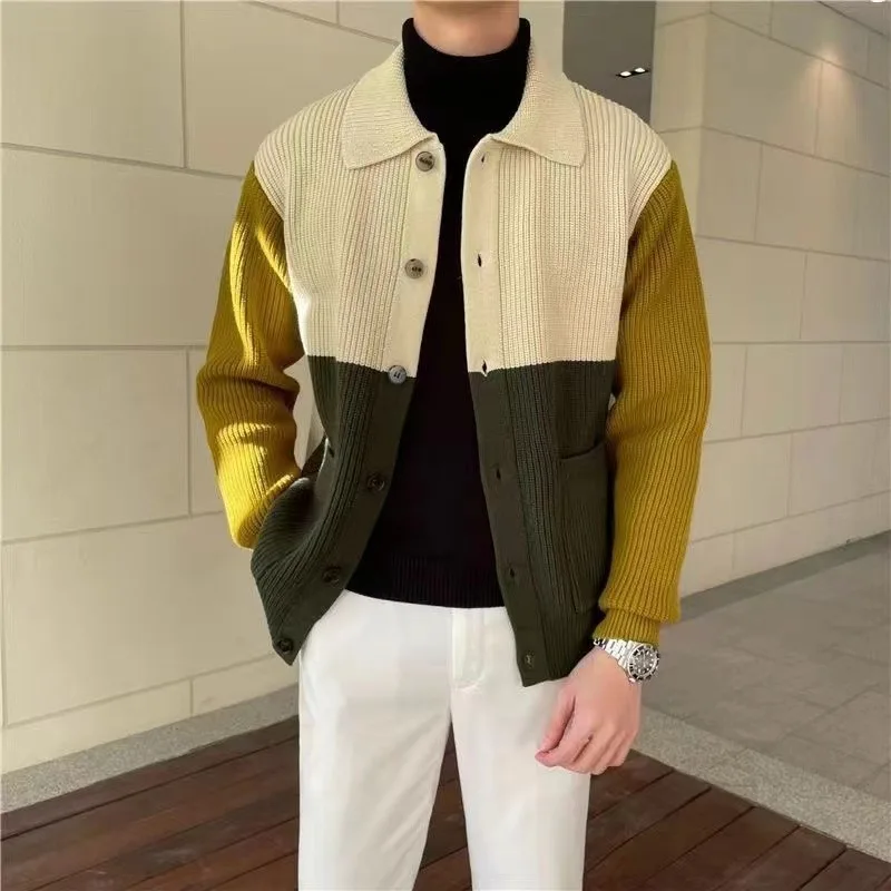 

Корейский мужской вязаный свитер, пальто, приталенный открытый кардиган с воротником, зимний теплый повседневный модный длинный светер из полиэфирного волокна
