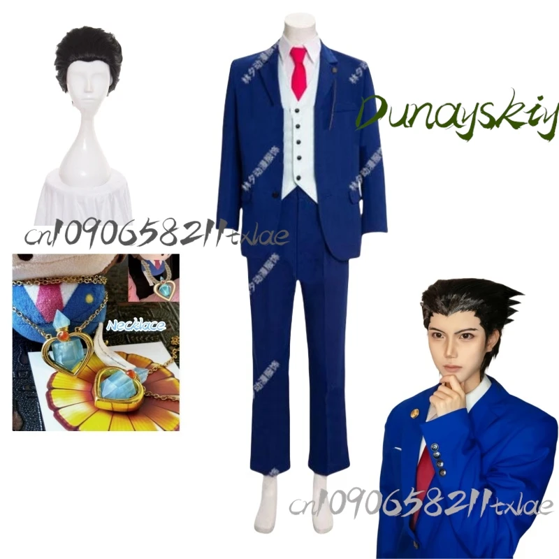 Ace Attorney Phoenix Wright Cosplay Costumes Blue Uniform Suit Jacket With Tie Halloween Party Role Play Props Wig Customized