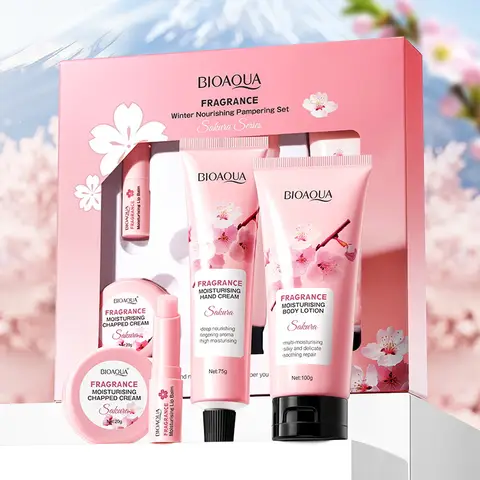Conjunto de Cuidados com a Pele BIOAQUA Sakura 4pcs/set, Creme Hidratante para o Corpo, Creme para Mãos, Bálsamo Labial, Loção Corporal, Kit de Cuidados Anti-Envelhecimento