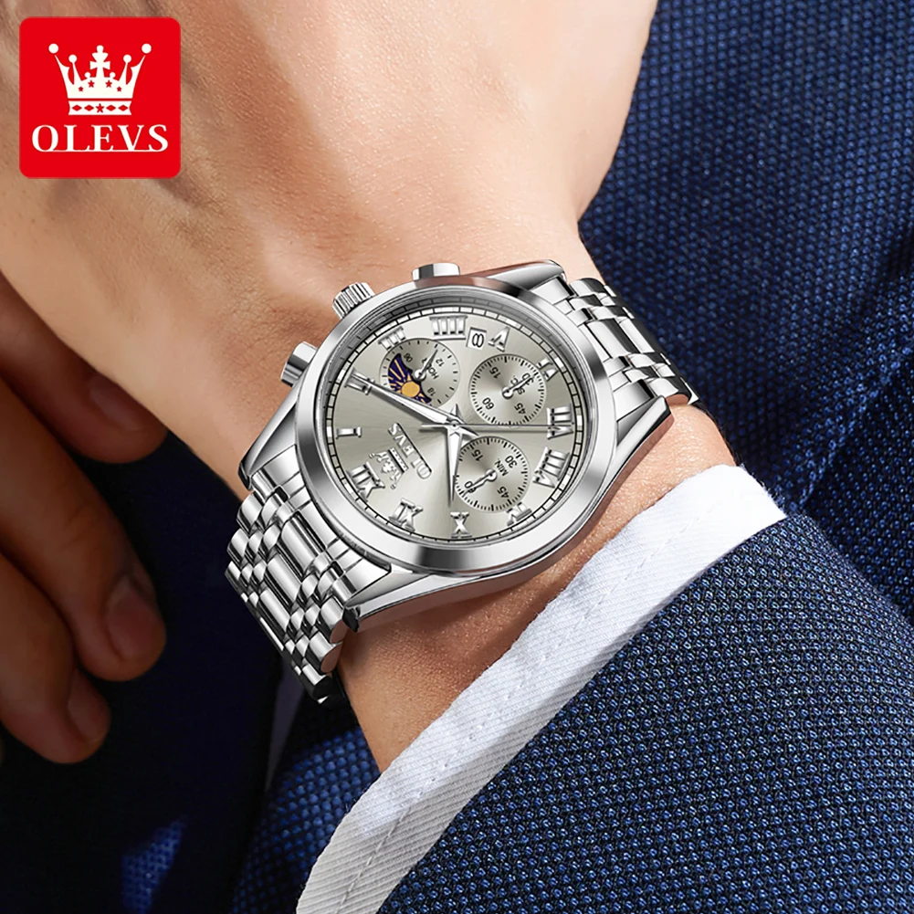 OLEVS 2871 reloj para hombre, reloj de cuarzo Original de lujo, resistente al agua, fecha luminosa, cronógrafo de fase lunar, reloj clásico a escala romana para hombre