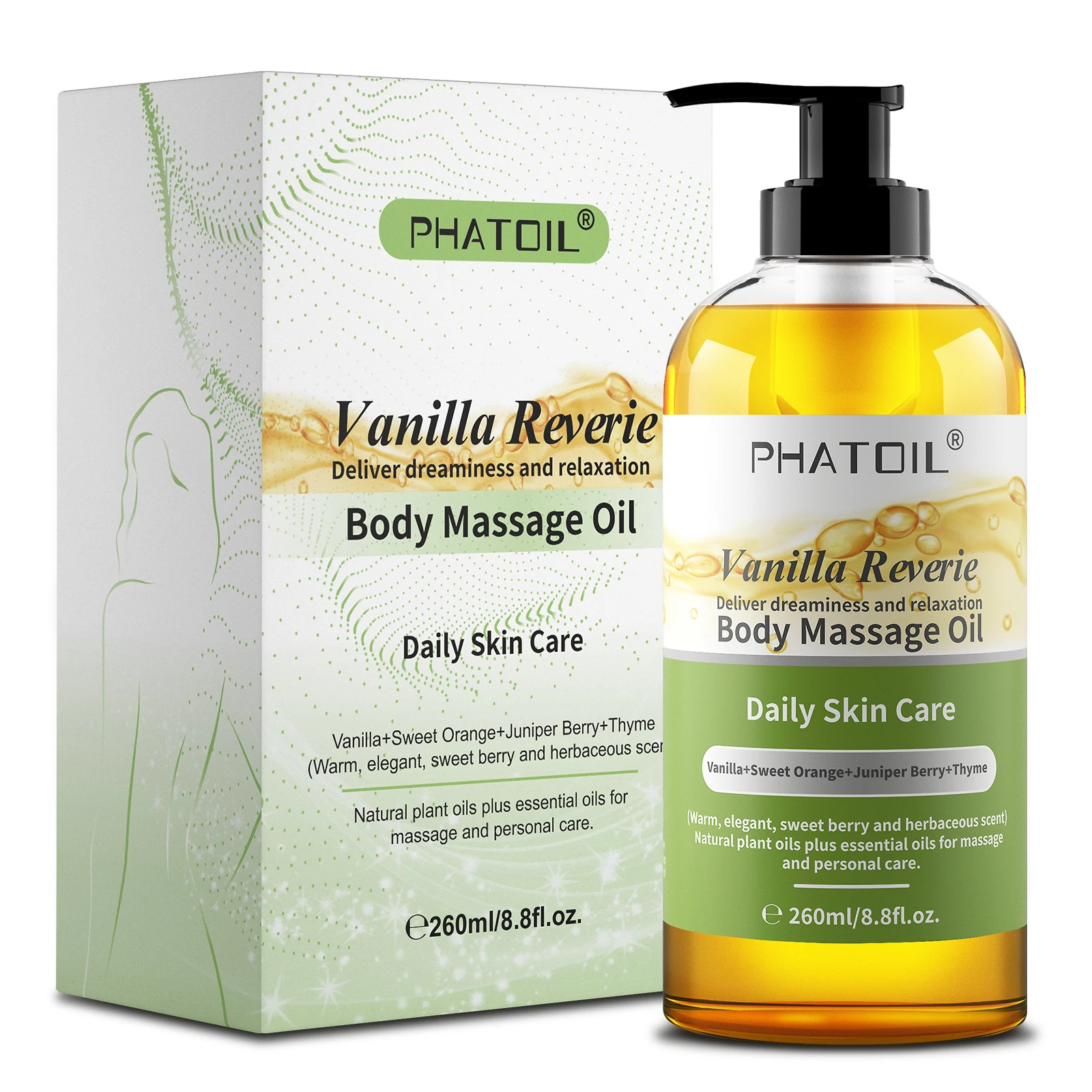 PHATOIL 260ml Body Oil-Deeply Moisturizing & Soothing Massage Oil with Long-Lasting Fragrance Vanilla Ginger Rosemary Body Oils