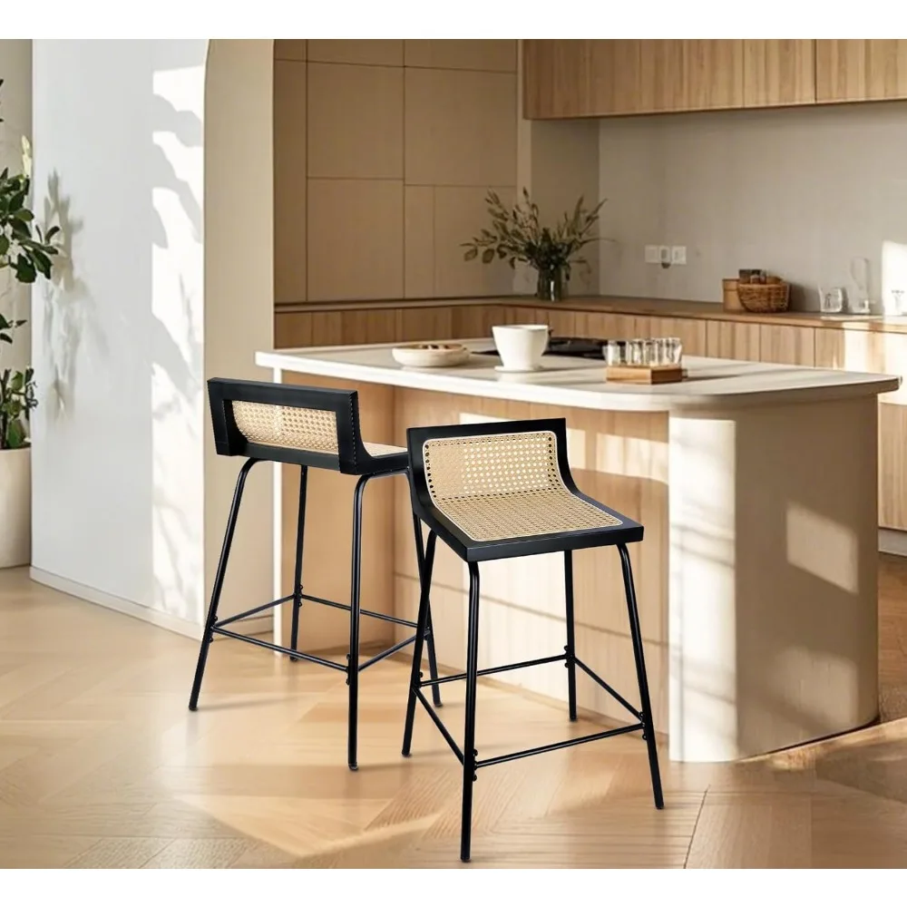 Kursi Bar Counter Height Set 2, 24 Inci Kursi Bar Rotan Boho Kursi Makan Modern Abad Pertengahan Kursi Bar Logam Anyaman