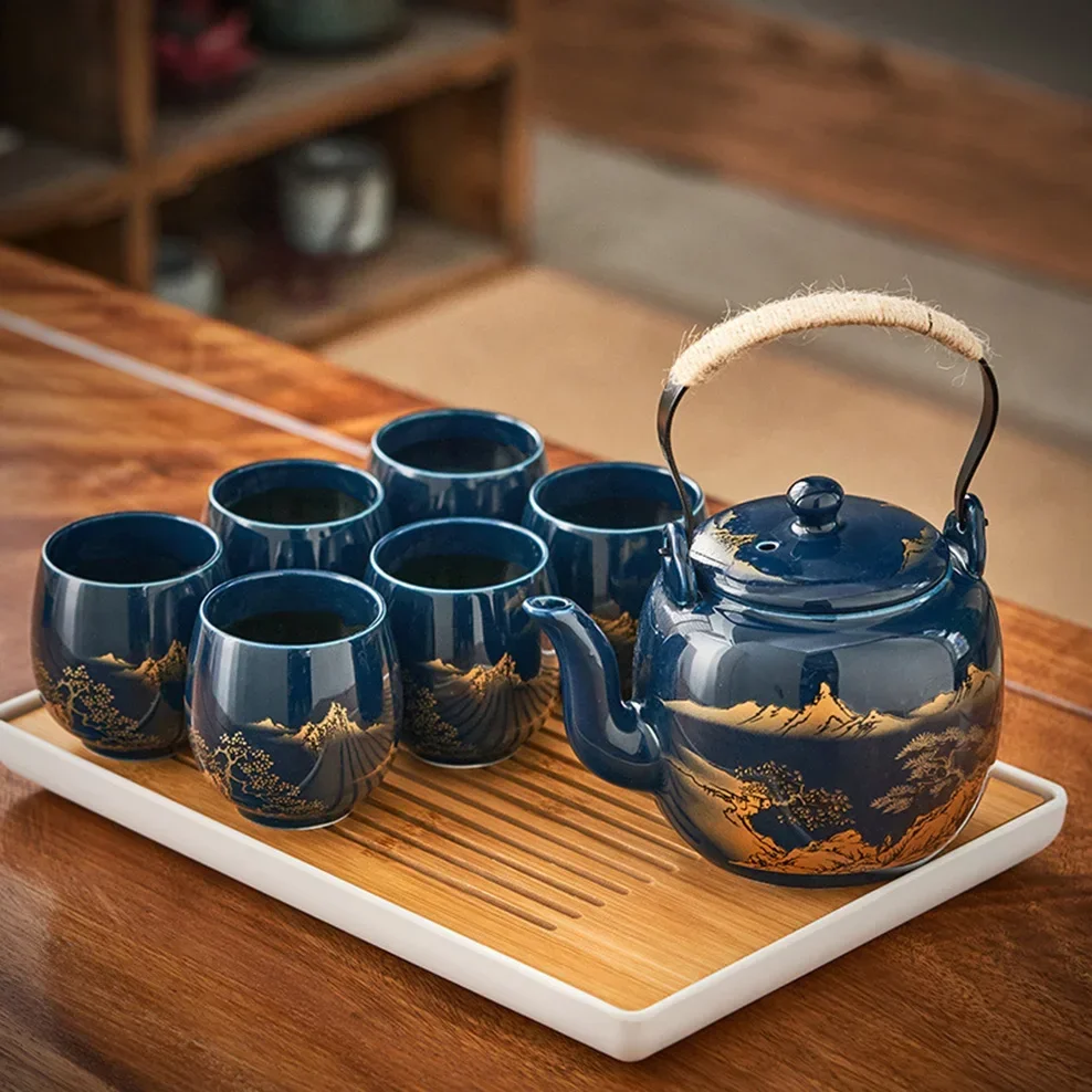 7-Piece Set Japanese Style Ceramic Tea Set Black Glazed Teapot With Tea Strainer Simple Teacup Home Office Gift Tea Service