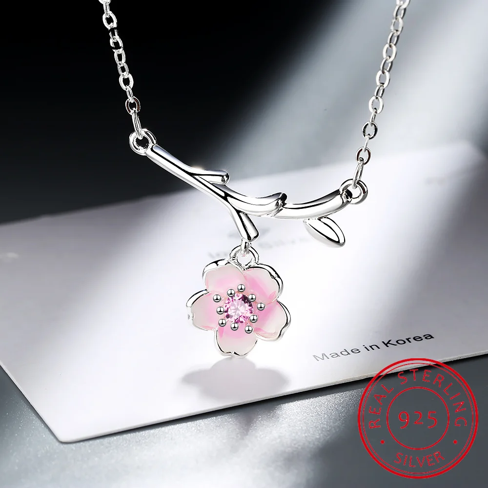 925 Sterling Silver Pink Cherry Blossom Necklaces Fashion Daily Jewelry Flower Pendant Necklace Colar de Prata S-N437