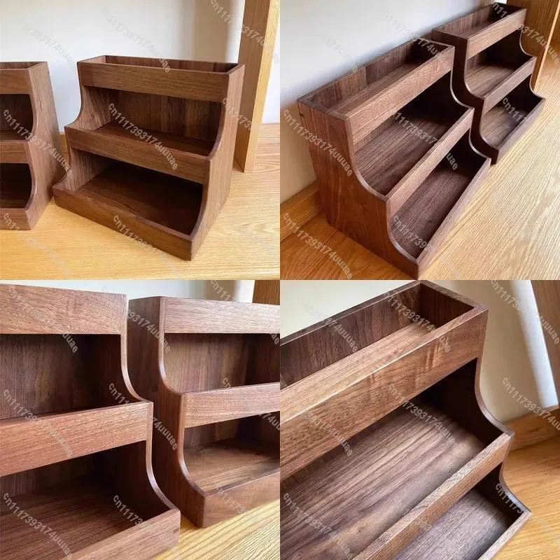 Small 3 Tier Solid Wood Desktop Organizer Black Walnut Office Storage Box Home Desk Shelf Holder for Documents and Supplies