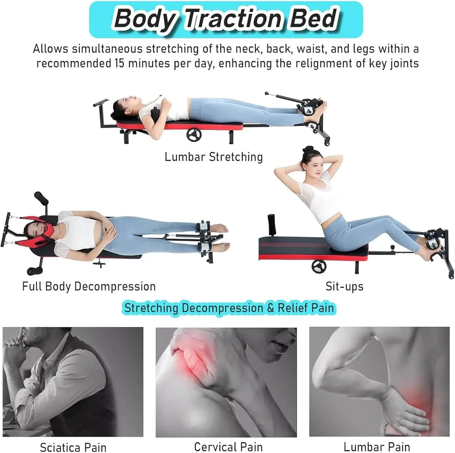 Wide‑Board Manually Adjustable Stretch Bed for Cervical, Lumbar & Leg Stretching, Abdominal Strength Training Traction Device