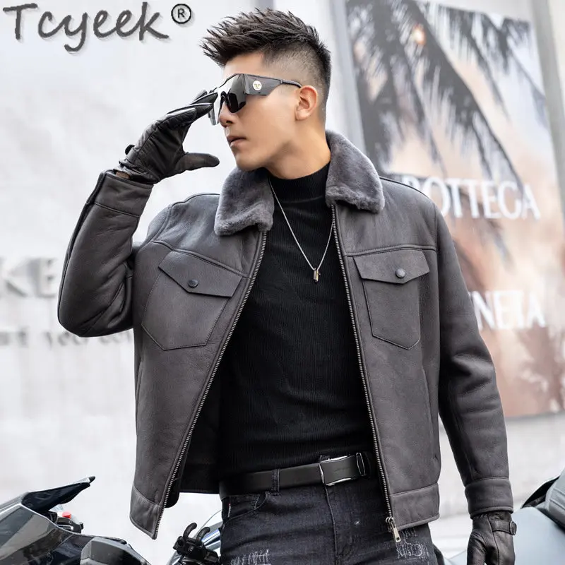 Tcyeek Men's Natural Fur Coats Winter Warm Real Fur Jackets Man Short Genuine Sheepskin Motocycle Jacket Men Clothes Fashion