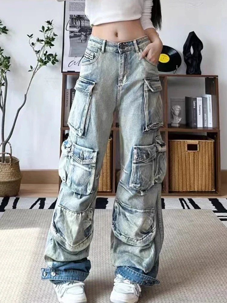 Vintage Fashion Women's Gradient Multi Pockets Jeans 2024 Winter New High Waist Buttons Cargo Denim Pants Female