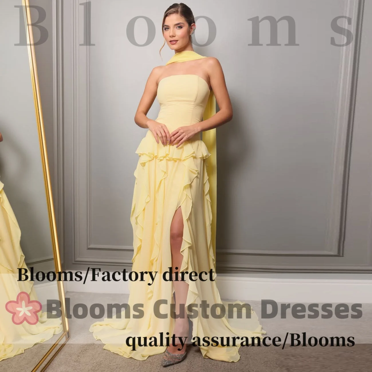 

Customized Pale Yellow Strapless Formal Evening Dresses Prom Gown Cape Ruffle High Slit Chiffon Maxi Train Elegant Party Dresses