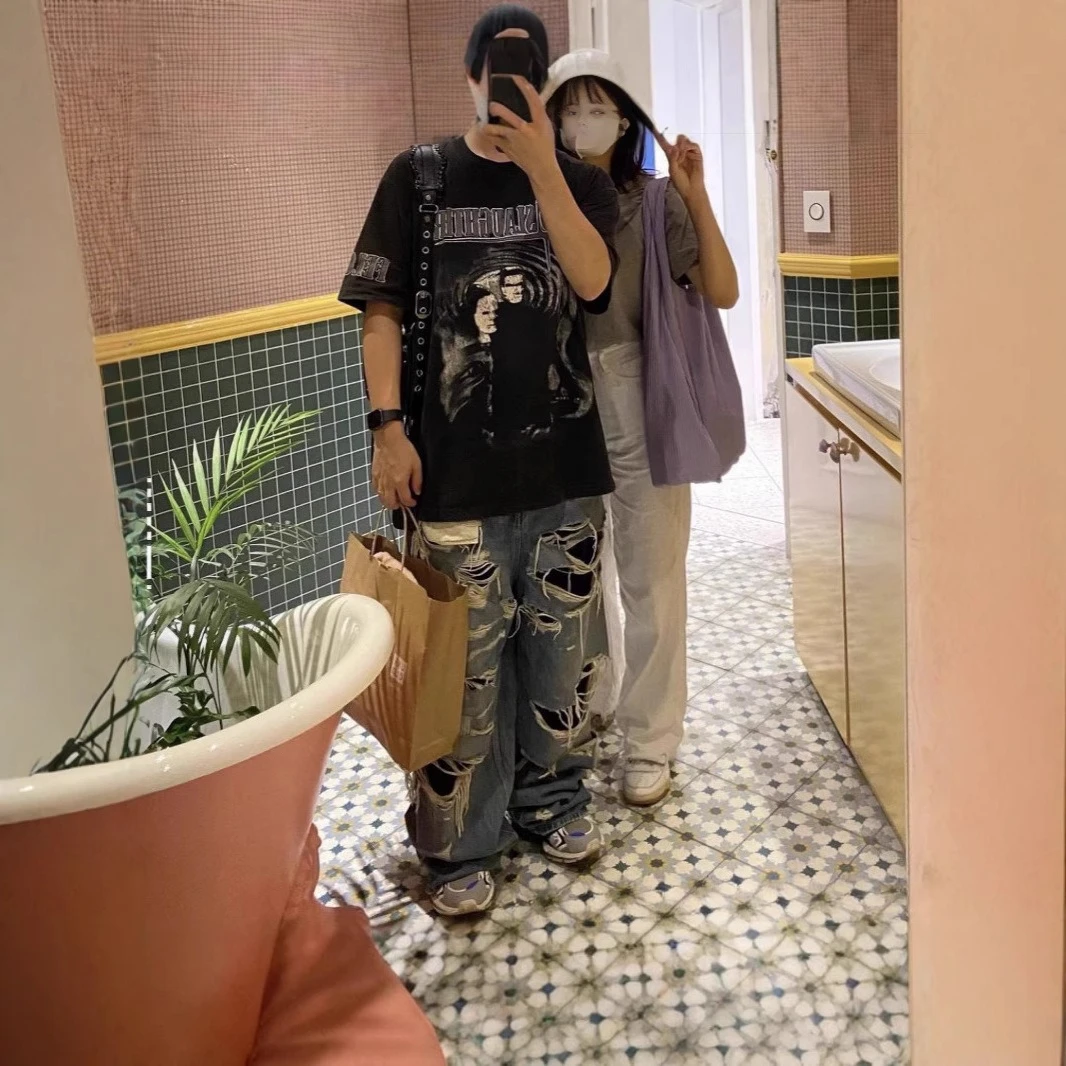 GRAILZ Vintage Washed Letter Character Soul Portrait High-Street American-Style Versatile Hip-Hop Short-Sleeve T-Shirt