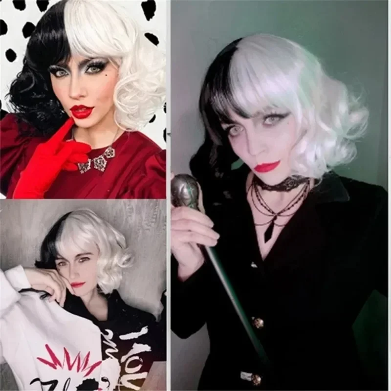 Anime Cruella De Vil Peruka Kręcona Pół Czarna Pół Biała Peruka Cosplay Kobiety Dziewczyny Krótkie Włosy Śliczne Halloween Party Peruki