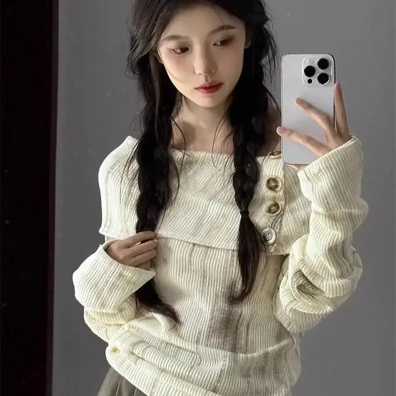 One-Shoulder Pullover Long-Sleeved T-Shirt Female Autumn 2024 New Korean Version Of The Rendering Lazy Chic Top