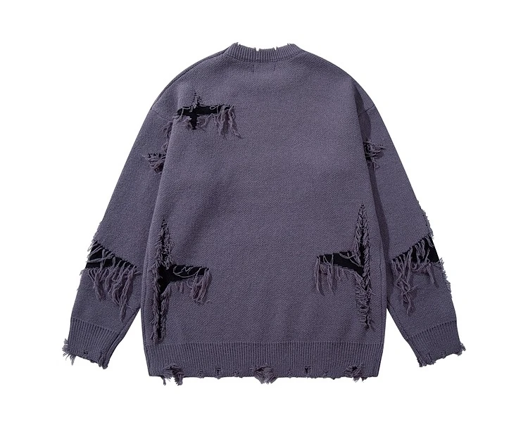Autumn Winter New American Gothic Style Men's Jacquard Ripped Patchwork Design Loose Casual Round Neck Black Gray Knit Sweater