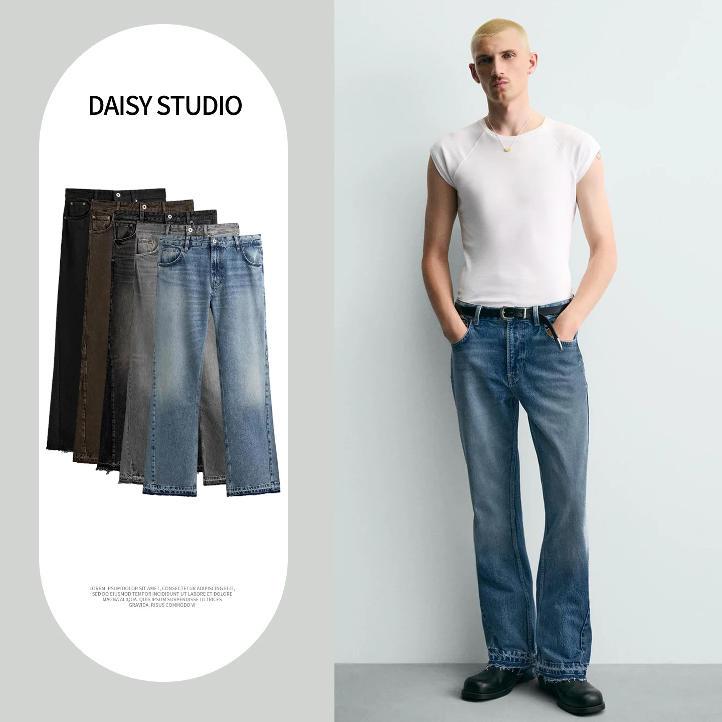 

New Men's Mid-Waist Slim Fit Jeans Spring Summer Washed Distressed Bell Bottoms Irregular Hemline Comfortable Breathable Poly...