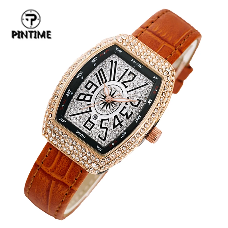 

PINTIME Luxury Diamond Quartz Watch Women Female Tonneau Shaped Wristwatches Rhinestone Iced Out Bezel Red Wrist Watches Clock