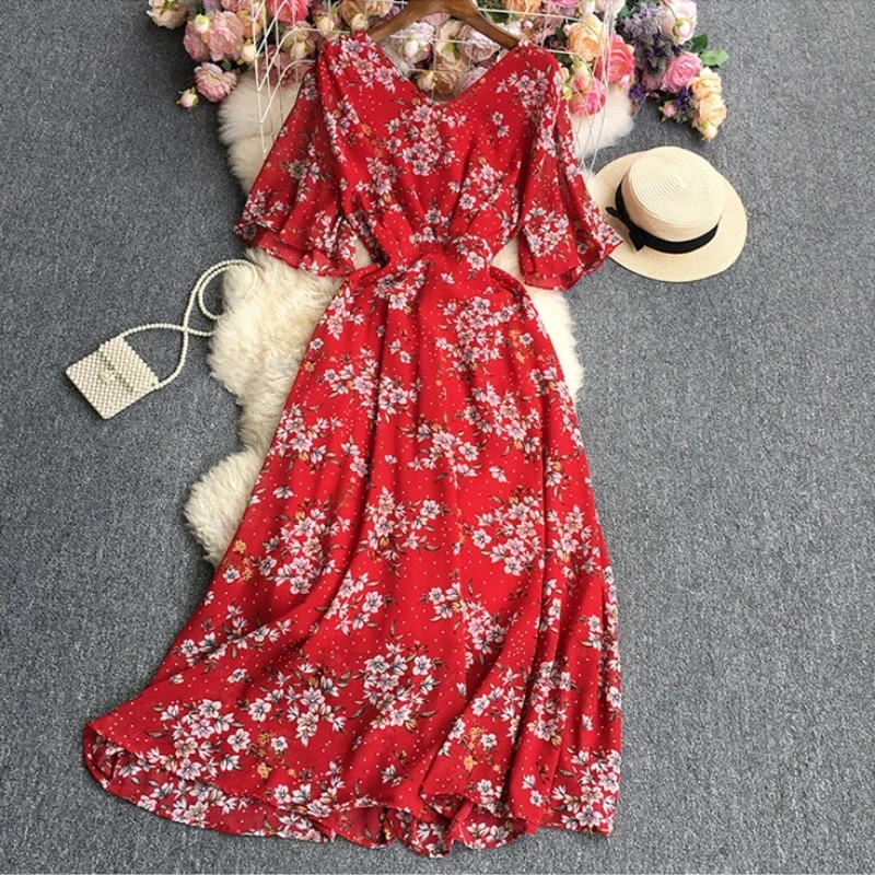 Vestido largo de gasa con estampado Floral para mujer, traje elegante de manga corta con cuello en V, ideal para fiesta y Club, Verano