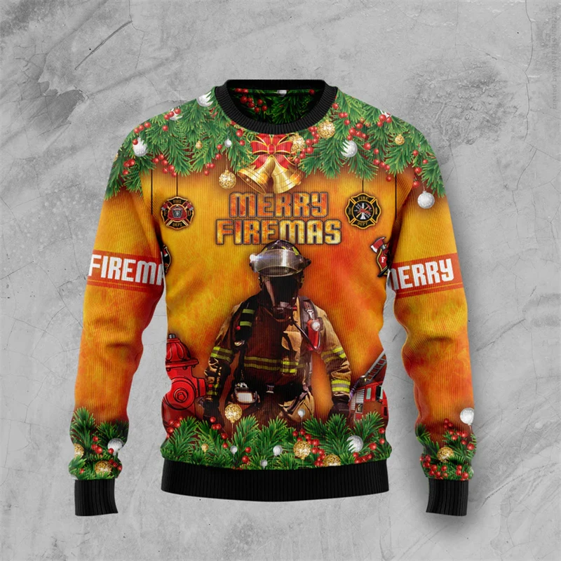 

2026 New Firefighter Graphic Ugly Christmas Sweater Autumn Trendy Crew Neck 3D Printed Sweatshirts Casual Oversized Xmas Tops
