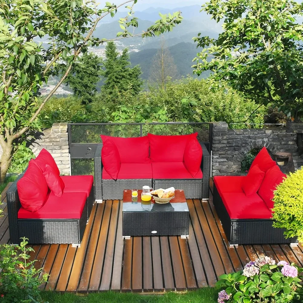 

7 Piece Patio Furniture Set, Outdoor Sectional Sofa w/Pillows and Cushions, Wicker Sofa Conversation Set with Coffee Table