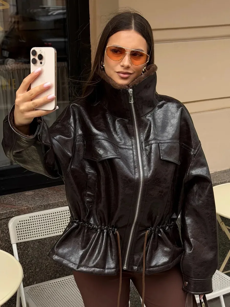 Women Faux Leather Jacket Fur Lined Warm Drawstring Waist Zipper Stand Collar Winter Outerwear Vintage Streetwear Ladies Biker C