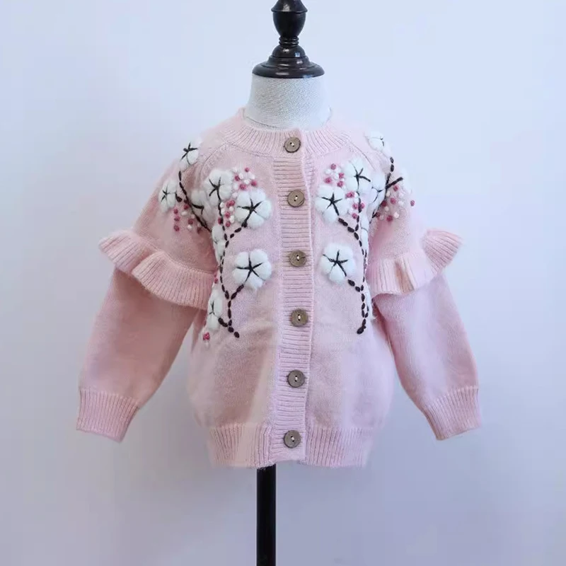 2024 New Winter Kids Warm Sweaters for Girls Cute Flower Embroidery Knit Cardigan Baby Child Cotton Outwear Tops