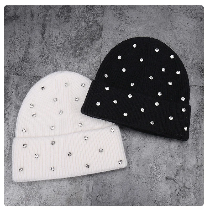 Winter Gestrickte Beanie Frauen Mode Strass Perlen Stricken Hüte Damen Casual Skullies Kappe Weibliche Einfarbig Casual Knochen – Detail 4