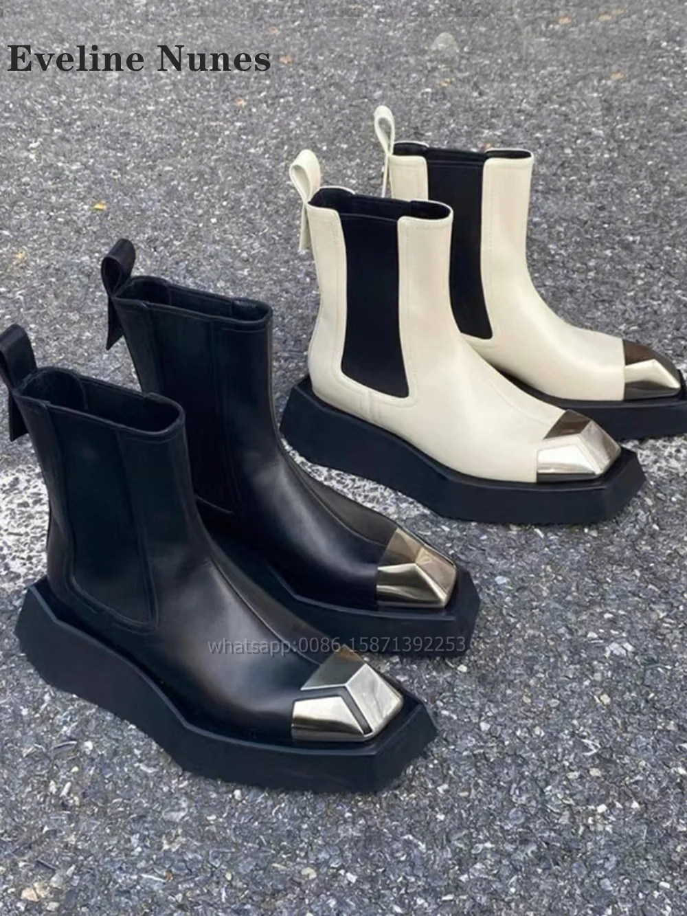 Metal Decoration Punk Motorcycle Boots Patent Leather Slip On Square Toe Booty Height Increasing Patchwork Mixed Colors Newest