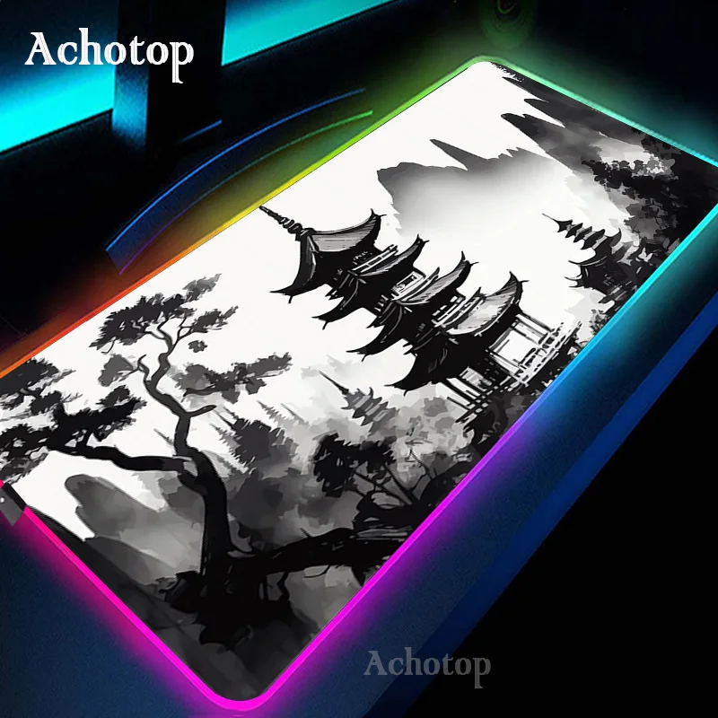 Japan Art RGB Mouse Pad Mountain Serenity Table Mat 900x400 Desk Mats LED Lighting Laptop Mousepad XXL Aesthetic Rug Backlight