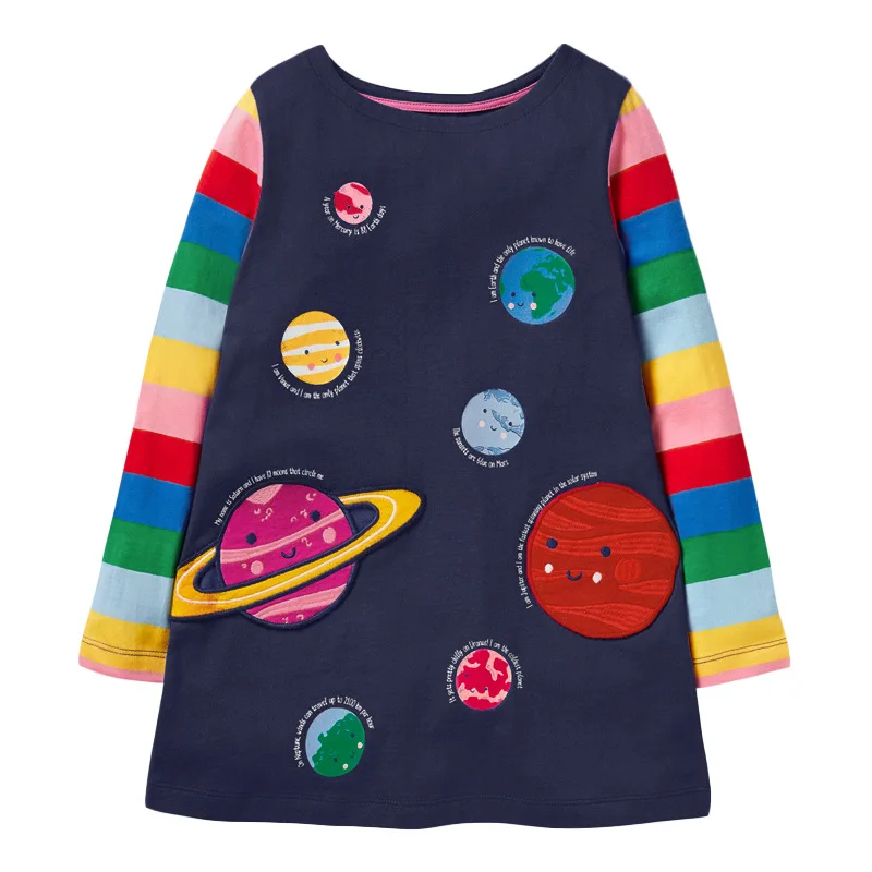 Little maven 2024 Long Sleeves Dress Universe Solar System Baby Girls Autumn Lovely Clothes Kids Cotton Embroidery Elegant Dress