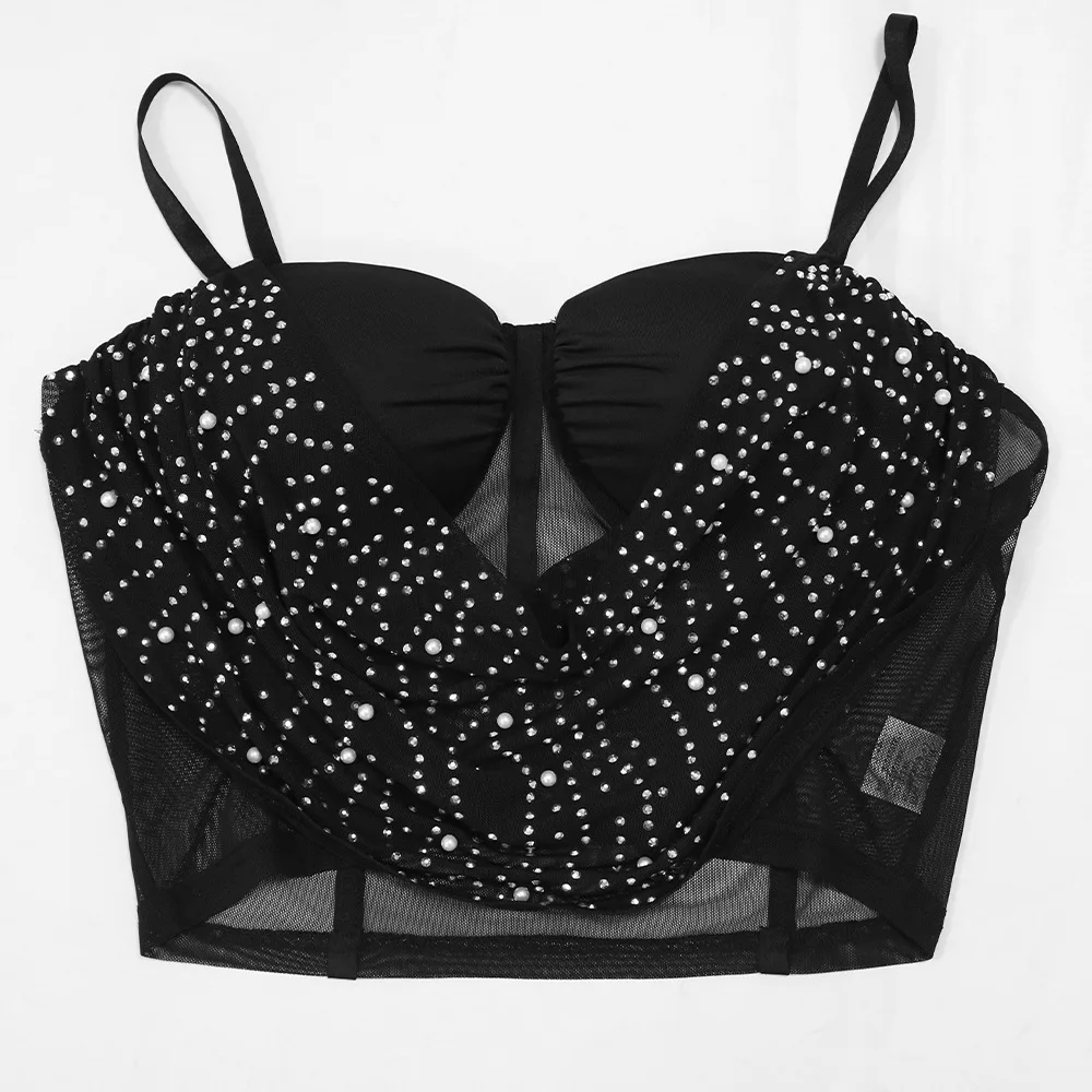 Autumn Women's Suit Fashion Halter Short Top And Hot Drill Bag Hip Skirt Sets Lady Sexy Temperament Elegant Two-Piece Set