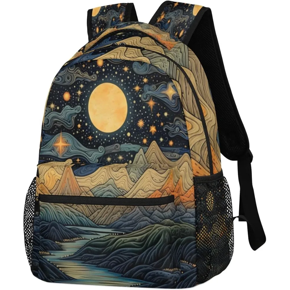 

School Start Best Seller! Starry Night Mountain Backpack, Artistic Landscape Design, Stylish Outdoor Bag for Adventure Seekers