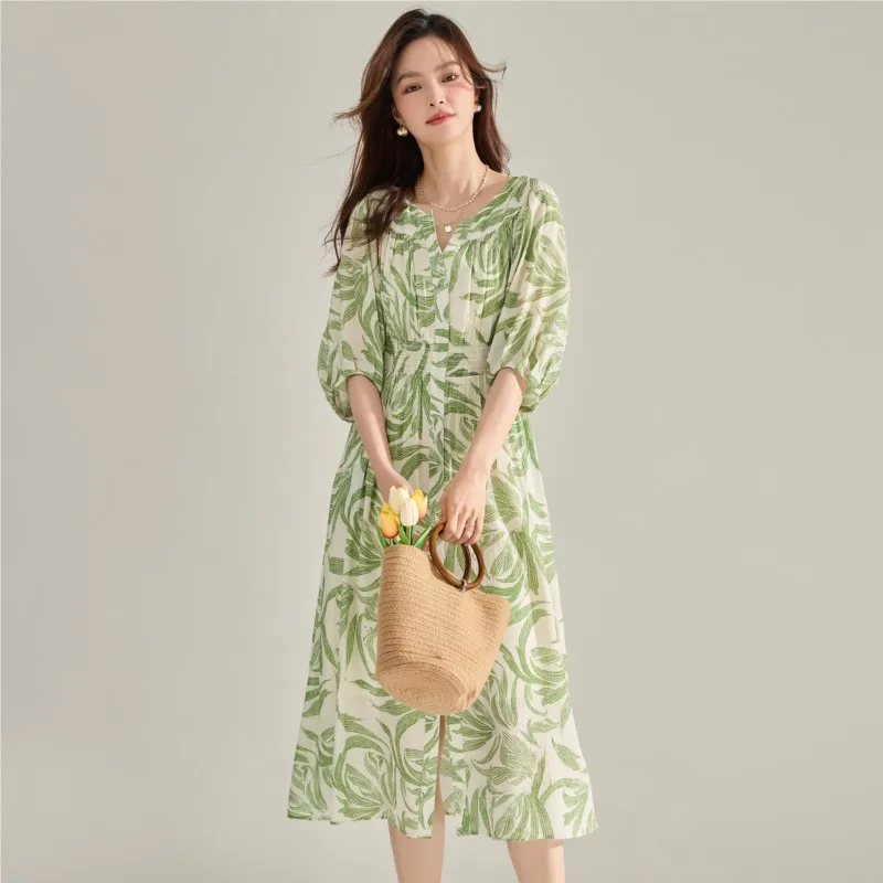 

Johnature Summer 2025 French V-neck Green Print Dress Balloon Sleeves Cinched Waist Slit Resort-style Casual Women Dresses