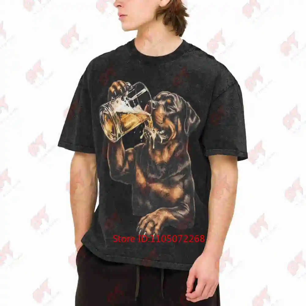 Rottweiler Beer Retro Dog Lovers Vintage Washed Tee Pure Cotton T-Shirt