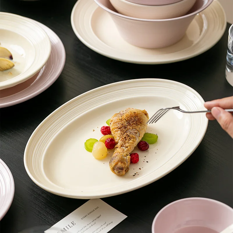 New Milk White & Pink Ceramic Plate Steak  Plates Bowl Dinner Dish Fish Plate Spoon Luxurious Porcelain Dinnerwar