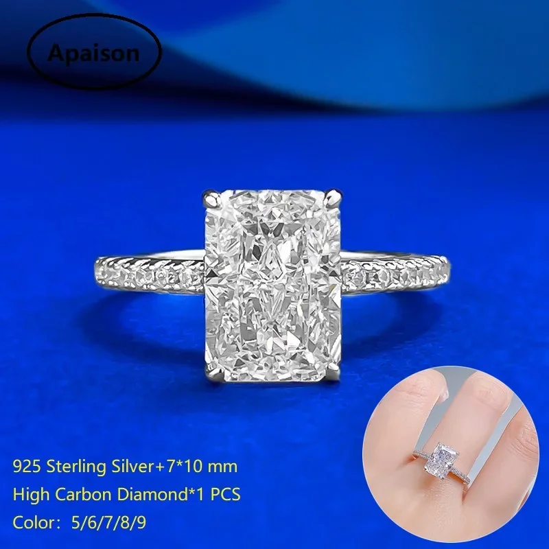 

Apaison Sparkling 7*10 mm High Carbon Diamond Ring 925 Sterling Silver Wedding Party Princess Rings For Women Jewelry Gift