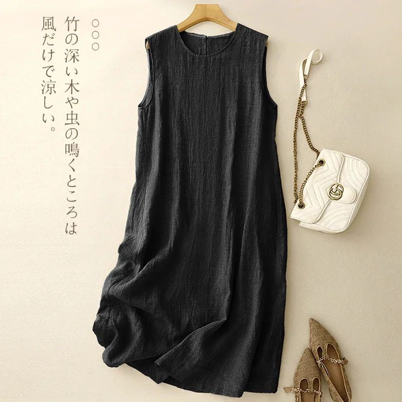 Dress Cotton Linen Sleeveless Round Neck Undershirt Female Summer New Japanese Literary Loose Simple Temperament Casual Dresses