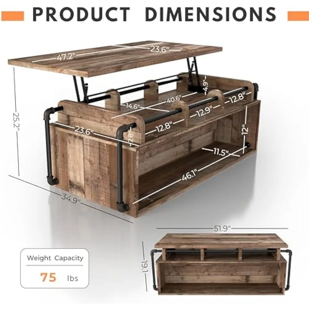Деревянный журнальный столик Galilhai 52 дюйма с подъемной столешницей и местом для хранения вещей, промышленный прямоугольный стол с регулируемой по высоте столешницей
