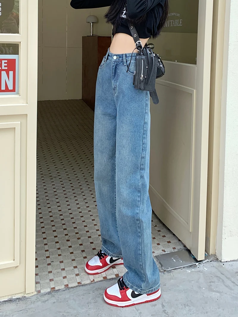 

Свободные прямые джинсы с высокой талией, женские осенние новые брюки размера плюс, модные брюки длиной до пола INS