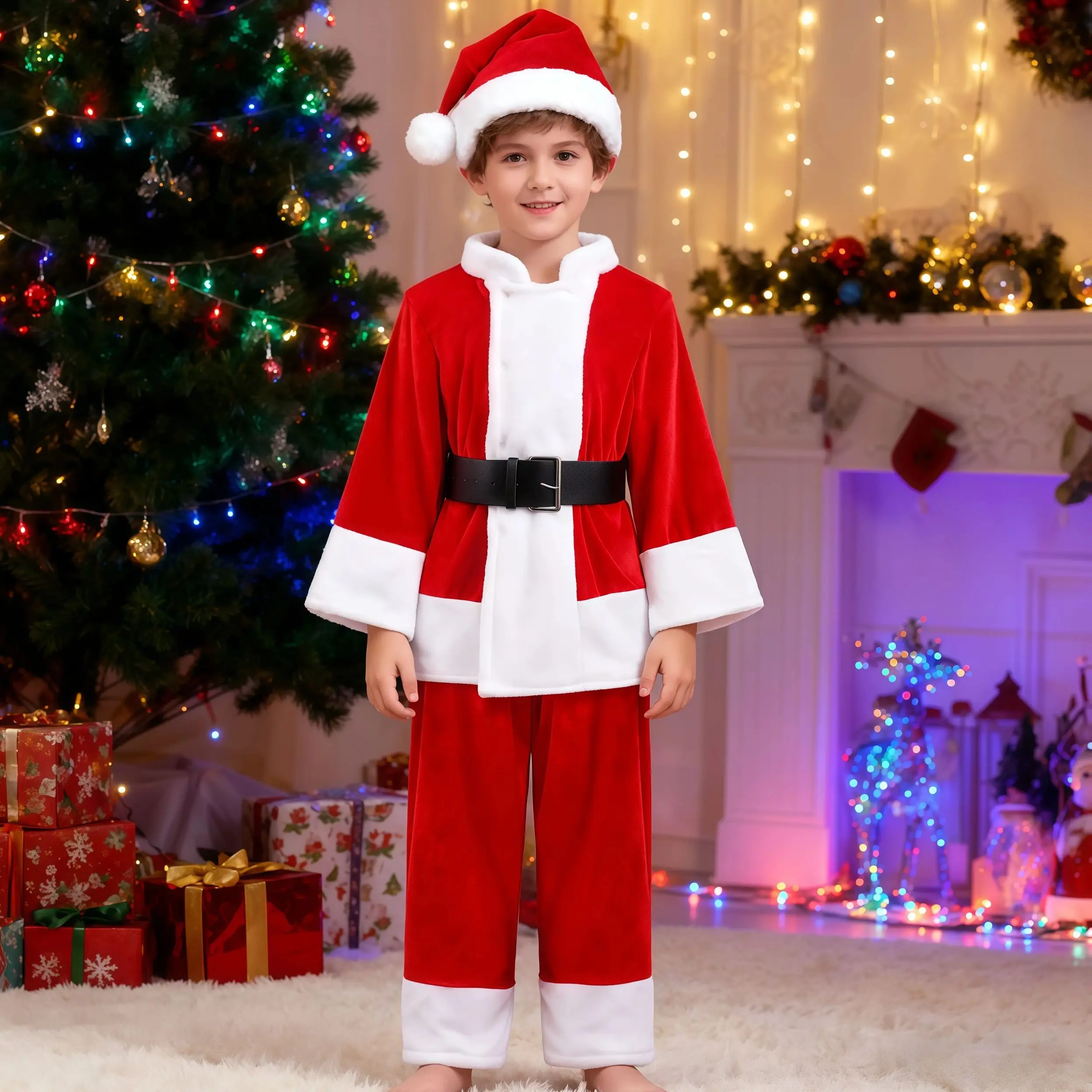 Christmas Kids Cosplay Green Elf Santa Costume Toddler Xmas Red Tops With Pants Set Outfit For Boys Girls Carnival Party Clothes