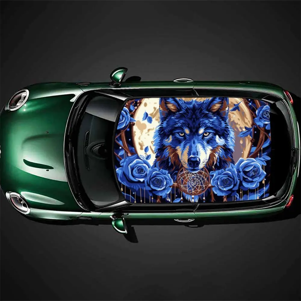 

Blue wolf pattern car vinyl wraps, car roof graphics, creative graphic design